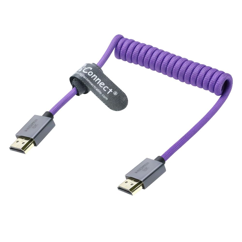 Left Angle to Left Angle HDMI 2.1 Cable 48Gbps, Braided Coiled HDMI Cord for Atomos Ninja V, Sony A7IV, Portkeys BM5 to Field Monitor, 8K@60Hz 4K@120Hz Z-CAM E2/F6 Pro Cinema Cameras Purple
