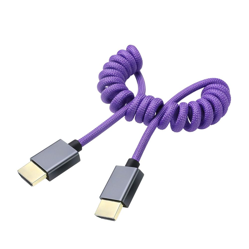 Left Angle to Left Angle HDMI 2.1 Cable 48Gbps, Braided Coiled HDMI Cord for Atomos Ninja V, Sony A7IV, Portkeys BM5 to Field Monitor, 8K@60Hz 4K@120Hz Z-CAM E2/F6 Pro Cinema Cameras Purple
