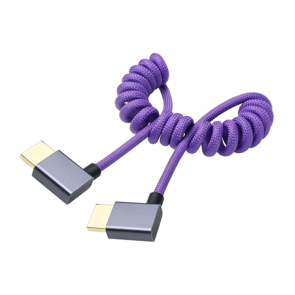 Left Angle to Left Angle HDMI 2.1 Cable 48Gbps, Braided Coiled HDMI Cord for Atomos Ninja V, Sony A7IV, Portkeys BM5 to Field Monitor, 8K@60Hz 4K@120Hz Z-CAM E2/F6 Pro Cinema Cameras Purple