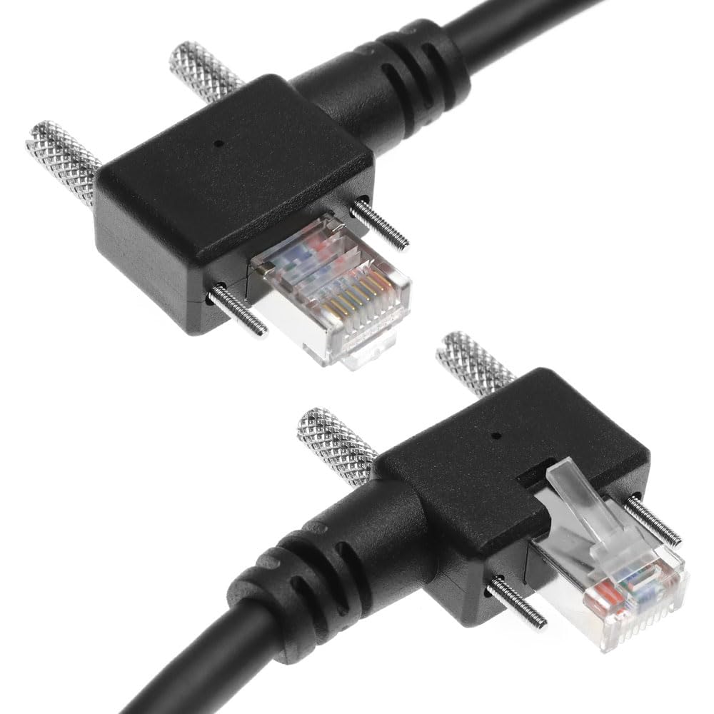 GigE Vision CAT6a Industrial Ethernet Cable, Shielded High-Flex Drag Chain, Horizontal RJ45 Screw Lock, Compatible with Cognex/Keyence/Basler/Hikvision Cameras, 3.3ft Down Angle