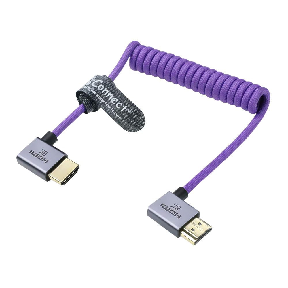 Left Angle to Left Angle HDMI 2.1 Cable 48Gbps, Braided Coiled HDMI Cord for Atomos Ninja V, Sony A7IV, Portkeys BM5 to Field Monitor, 8K@60Hz 4K@120Hz Z-CAM E2/F6 Pro Cinema Cameras Purple
