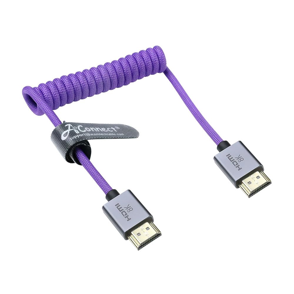Left Angle to Left Angle HDMI 2.1 Cable 48Gbps, Braided Coiled HDMI Cord for Atomos Ninja V, Sony A7IV, Portkeys BM5 to Field Monitor, 8K@60Hz 4K@120Hz Z-CAM E2/F6 Pro Cinema Cameras Purple