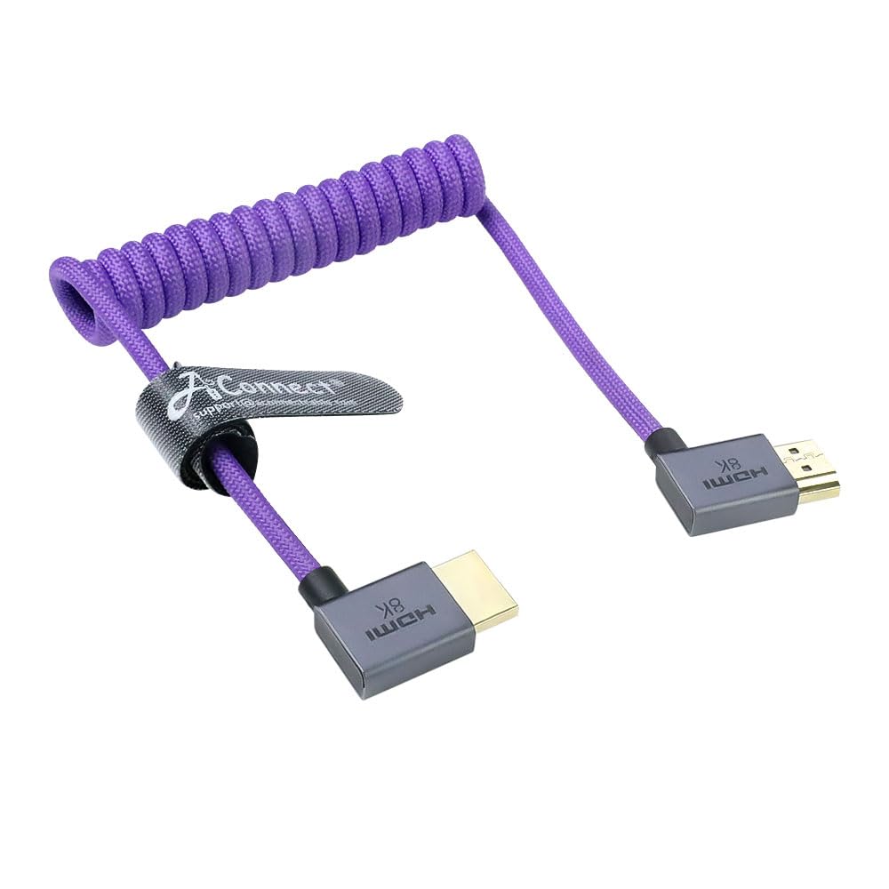 Left Angle to Left Angle HDMI 2.1 Cable 48Gbps, Braided Coiled HDMI Cord for Atomos Ninja V, Sony A7IV, Portkeys BM5 to Field Monitor, 8K@60Hz 4K@120Hz Z-CAM E2/F6 Pro Cinema Cameras Purple