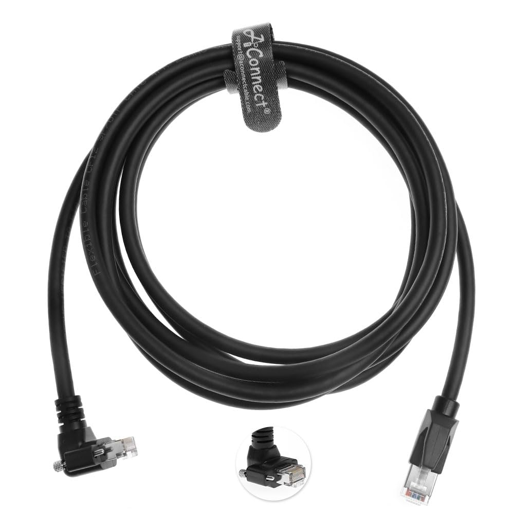 GigE Vision CAT6a Industrial Ethernet Cable, Shielded High-Flex Drag Chain, Horizontal RJ45 Screw Lock, Compatible with Cognex/Keyence/Basler/Hikvision Cameras, 3.3ft Down Angle