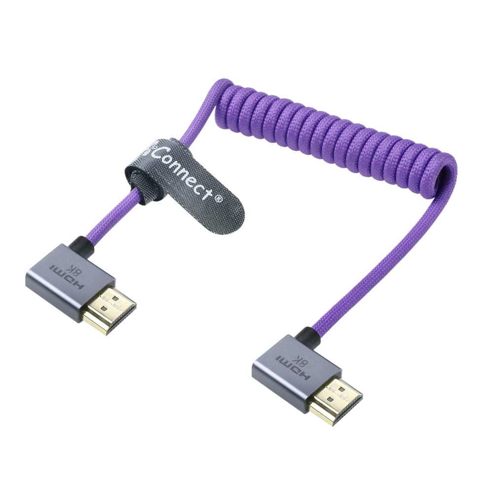 Left Angle to Left Angle HDMI 2.1 Cable 48Gbps, Braided Coiled HDMI Cord for Atomos Ninja V, Sony A7IV, Portkeys BM5 to Field Monitor, 8K@60Hz 4K@120Hz Z-CAM E2/F6 Pro Cinema Cameras Purple