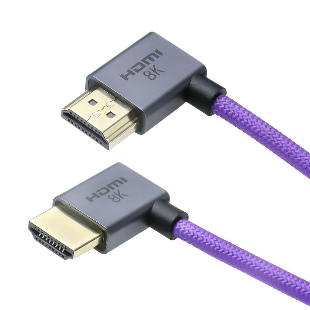 Left Angle to Left Angle HDMI 2.1 Cable 48Gbps, Braided Coiled HDMI Cord for Atomos Ninja V, Sony A7IV, Portkeys BM5 to Field Monitor, 8K@60Hz 4K@120Hz Z-CAM E2/F6 Pro Cinema Cameras Purple