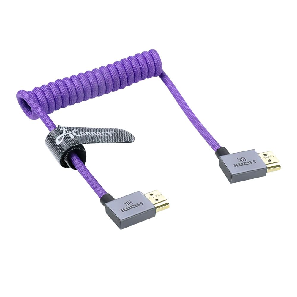 Left Angle to Left Angle HDMI 2.1 Cable 48Gbps, Braided Coiled HDMI Cord for Atomos Ninja V, Sony A7IV, Portkeys BM5 to Field Monitor, 8K@60Hz 4K@120Hz Z-CAM E2/F6 Pro Cinema Cameras Purple