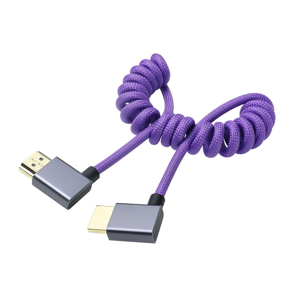 Left Angle to Left Angle HDMI 2.1 Cable 48Gbps, Braided Coiled HDMI Cord for Atomos Ninja V, Sony A7IV, Portkeys BM5 to Field Monitor, 8K@60Hz 4K@120Hz Z-CAM E2/F6 Pro Cinema Cameras Purple