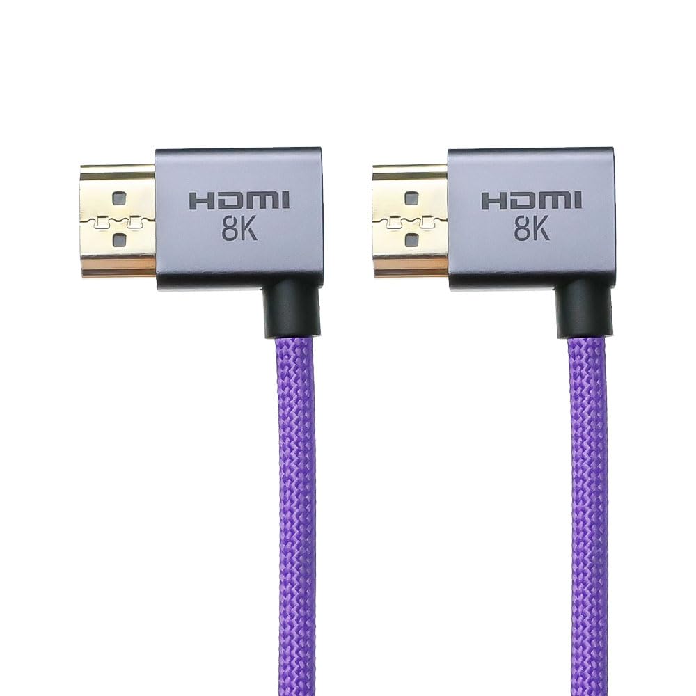 Left Angle to Left Angle HDMI 2.1 Cable 48Gbps, Braided Coiled HDMI Cord for Atomos Ninja V, Sony A7IV, Portkeys BM5 to Field Monitor, 8K@60Hz 4K@120Hz Z-CAM E2/F6 Pro Cinema Cameras Purple