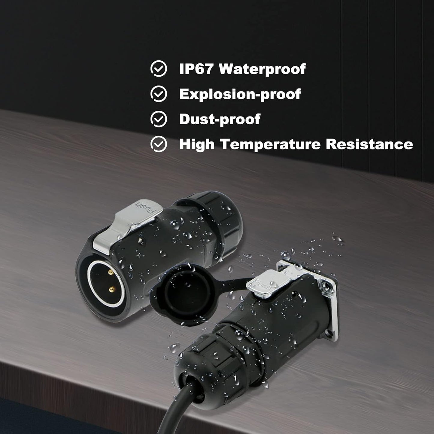 2 Pin Waterproof Connector, Power Cable Connector with IP67 Waterproof Rating, M20 Panel Mount Male Plug and Female Socket, for Outdoor Use
