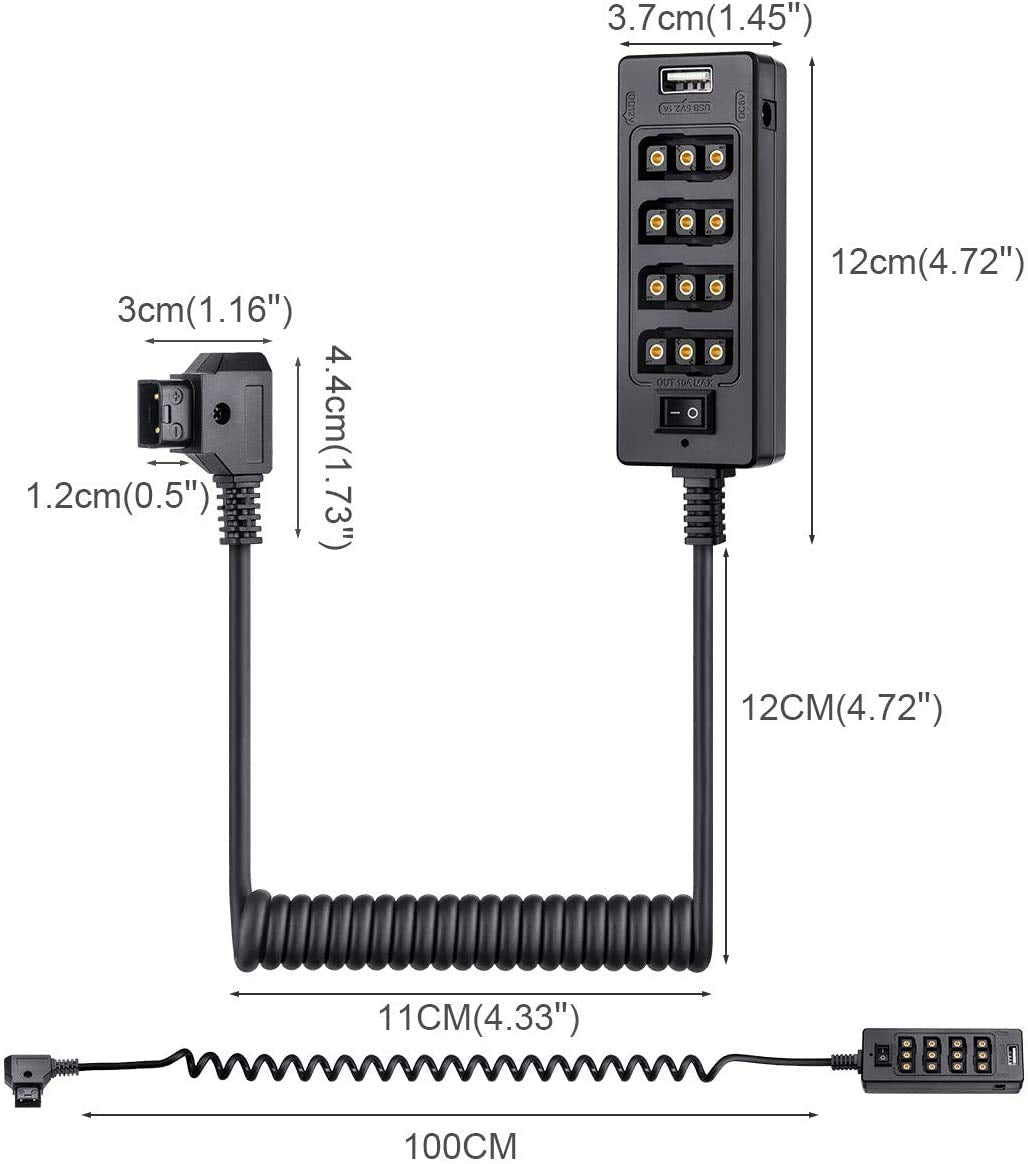 AConnect Splitter Cable with Power Switch Male D-tap to 4 Female D-tap for V-Mount Battery for LCD Monitor/LED Video Light/BMPCC 4K 6K/ARRI RED Camera/Smartphone