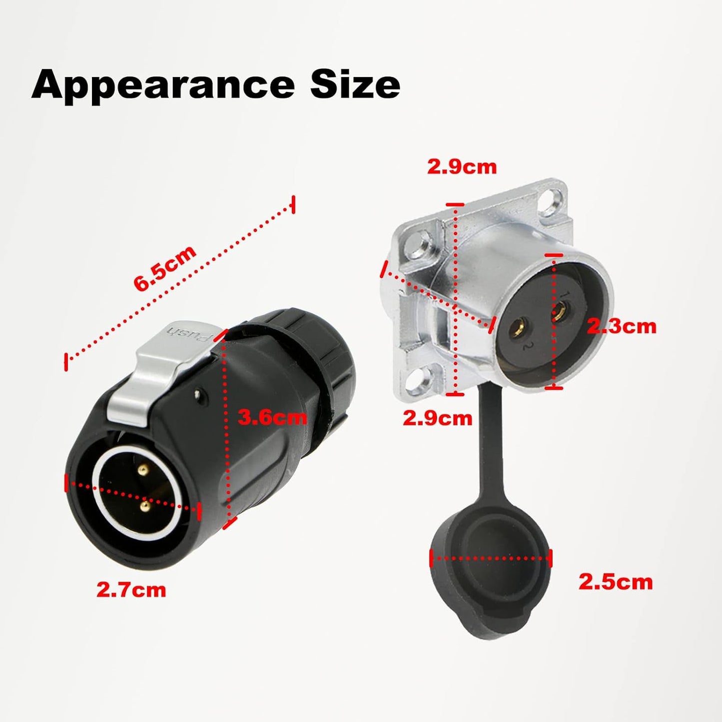 2 Pin Waterproof Connector, Power Cable Connector with IP67 Waterproof Rating, M20 Panel Mount Male Plug and Female Socket, for Outdoor Use