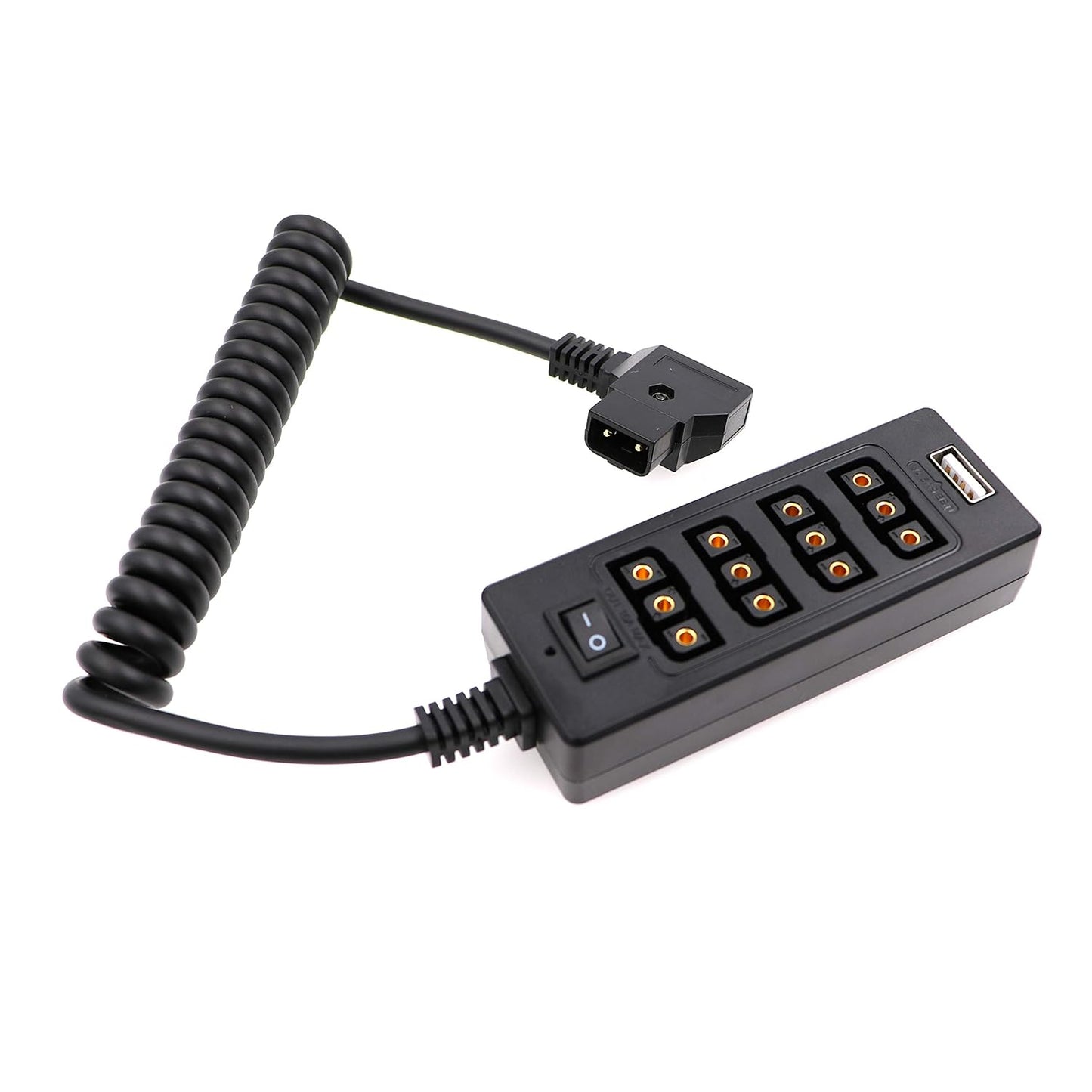 AConnect D-Tap Male to 4-Port D-Tap Female Coiled Splitter Cable for V-Mount Battery with Switch Button/USB Port/8V 12V DC Port for Photography Power Multifunctional