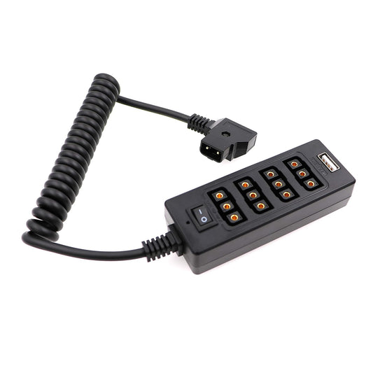 AConnect D-Tap Male to 4-Port D-Tap Female Coiled Splitter Cable for V-Mount Battery with Switch Button/USB Port/8V 12V DC Port for Photography Power Multifunctional